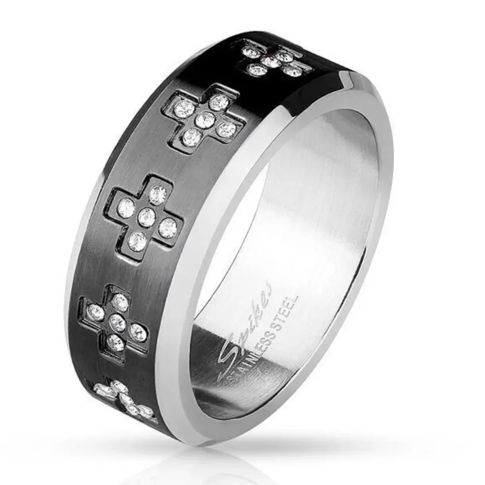 CZ Cross Black Center 316L Stainless Steel Ring hypoallergenic band Size 9